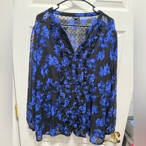 Torrid Womens Blouse 3X Blue Black Button Up Floral Shirt Long Sleeve button